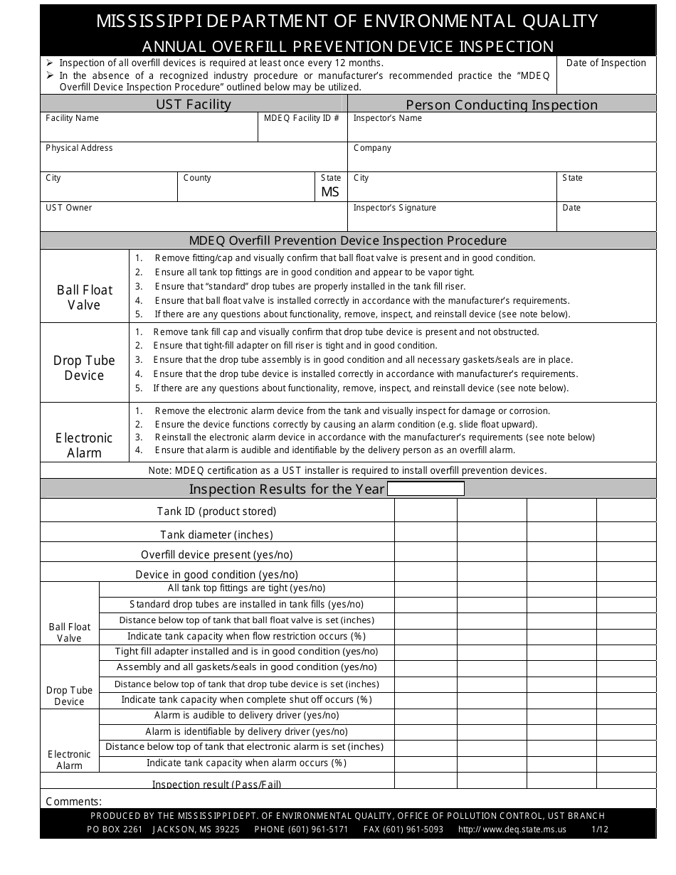 Annual Overfill Prevention Device Inspection Form - Mississippi, Page 1