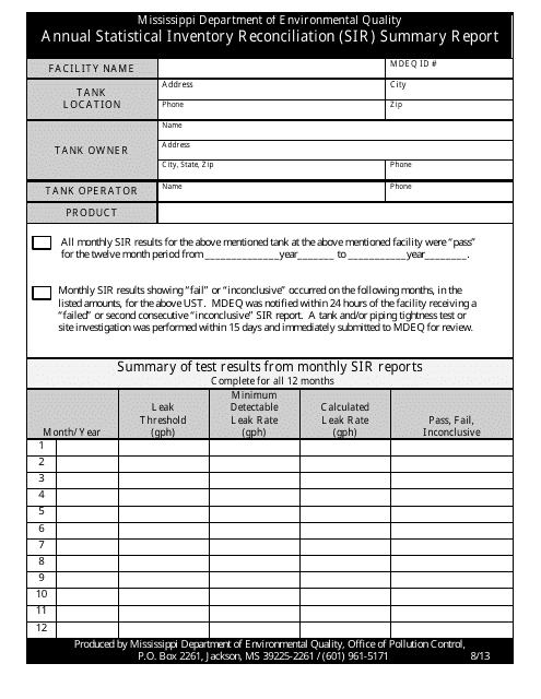 Annual Statistical Inventory Reconciliation (Sir) Summary Report Form - Mississippi Download Pdf