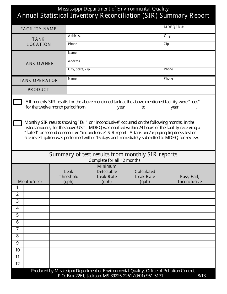 Annual Statistical Inventory Reconciliation (Sir) Summary Report Form - Mississippi, Page 1