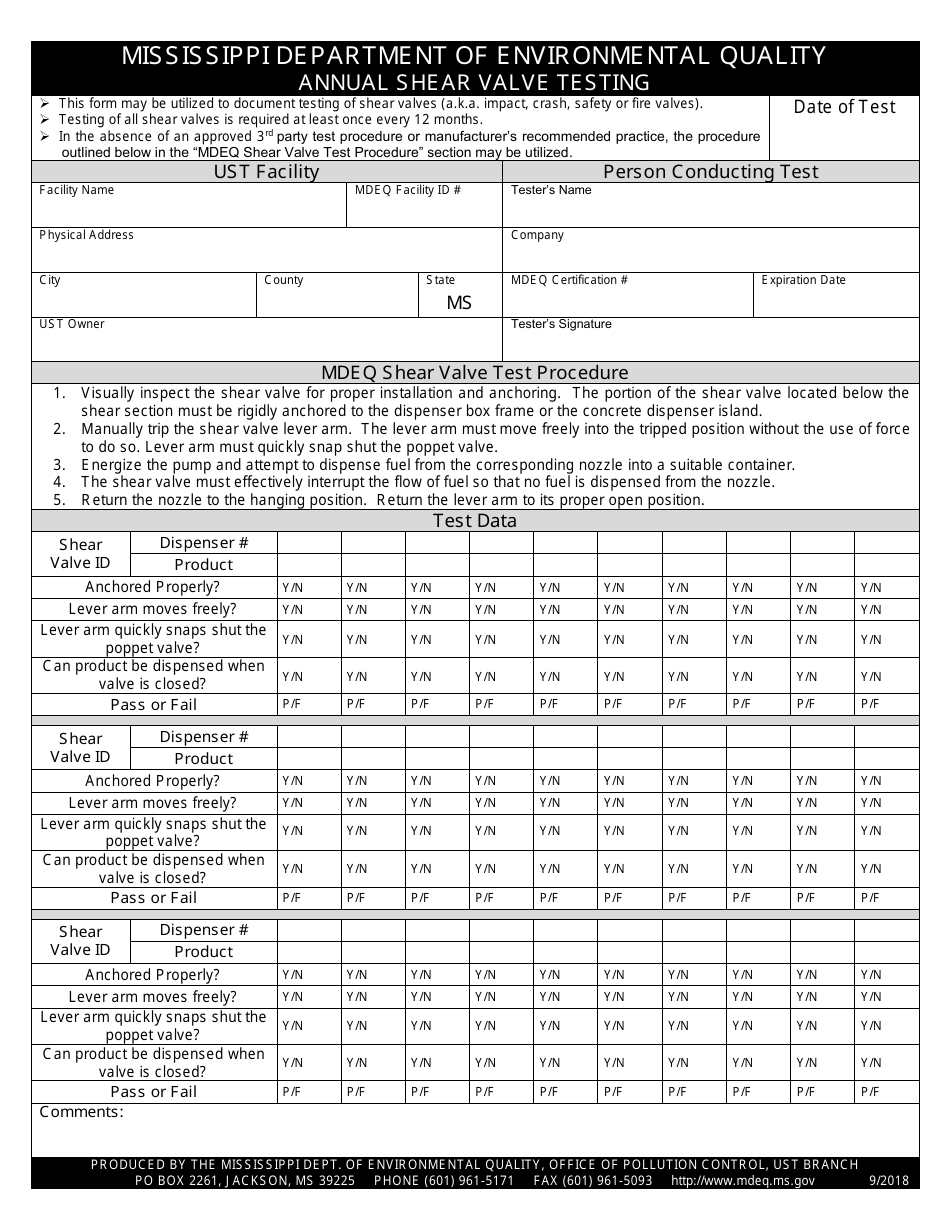 Annual Shear Valve Testing Form - Mississippi, Page 1