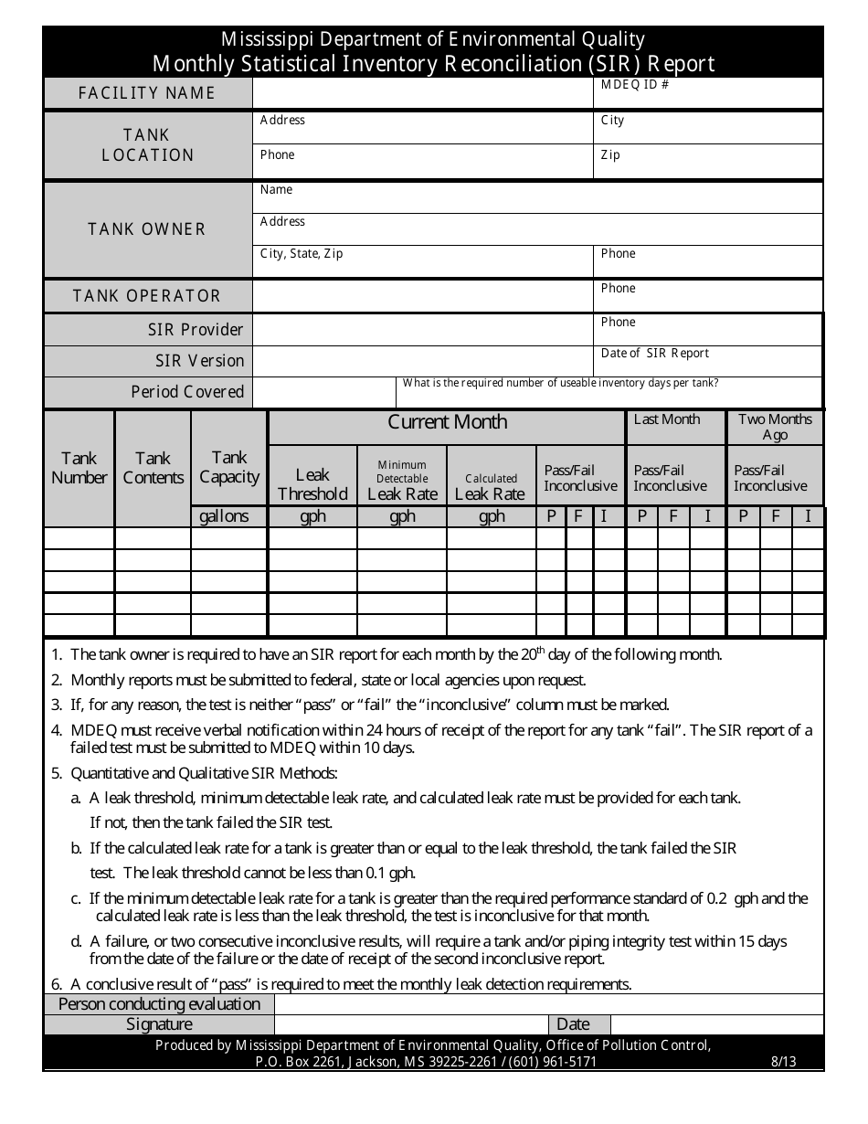 Monthly Statistical Inventory Reconciliation (Sir) Report Form - Mississippi, Page 1
