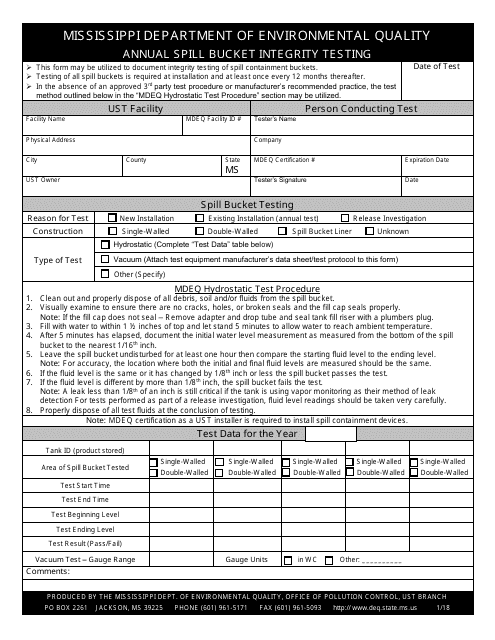 Annual Spill Bucket Integrity Testing Form - Mississippi