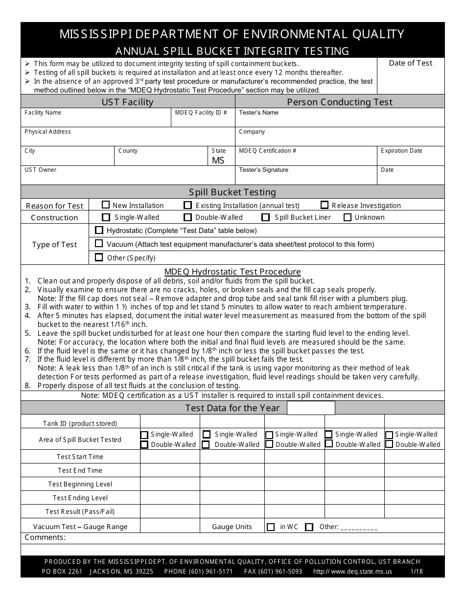 Annual Spill Bucket Integrity Testing Form - Mississippi, Page 1