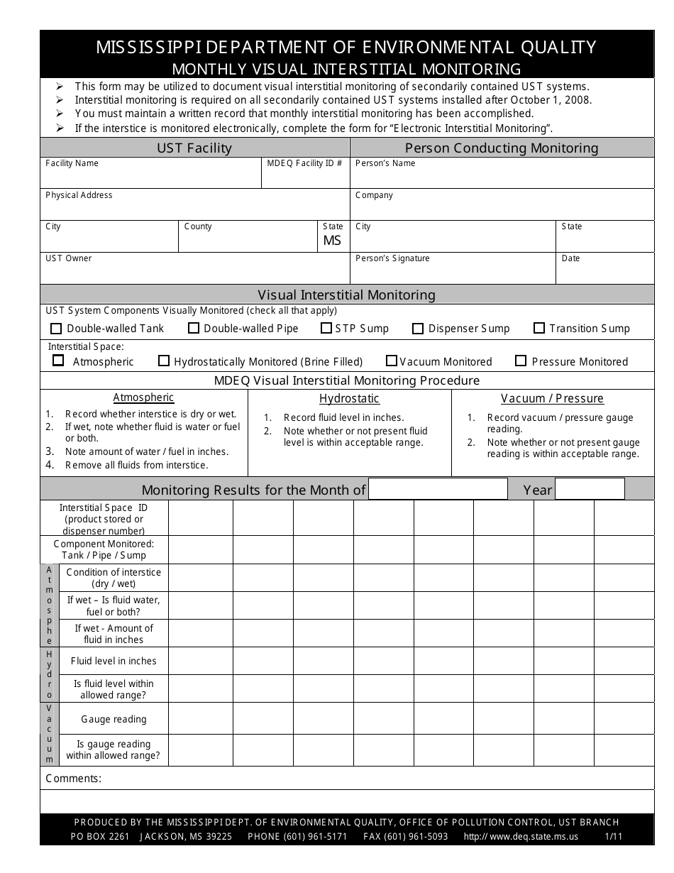 Monthly Visual Interstitial Monitoring Form - Mississippi, Page 1
