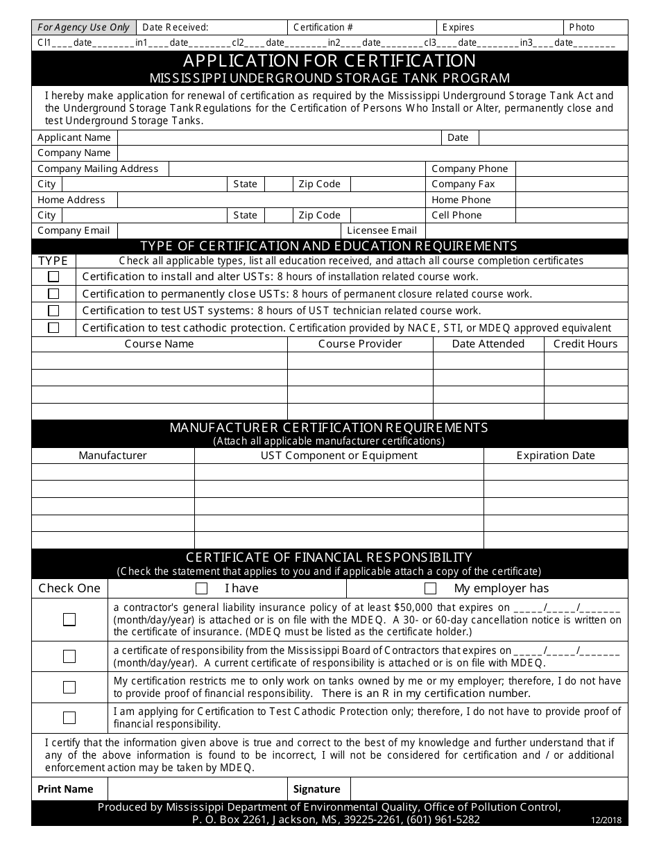 Application for Certification - Mississippi Underground Storage Tank Program - Mississippi, Page 1