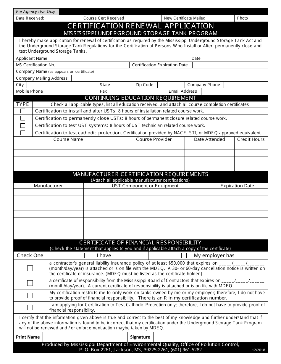 Certification Renewal Application Form - Mississippi Underground Storage Tank Program - Mississippi, Page 1
