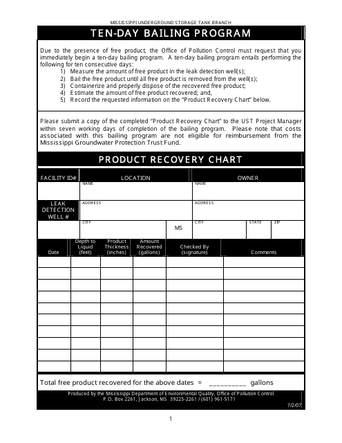Product Recovery Chart Form - Ten-Day Bailing Program - Mississippi Download Pdf