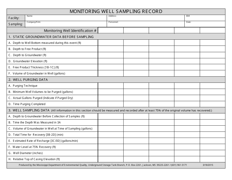 Monitoring Well Sampling Record Form - Mississippi, Page 1