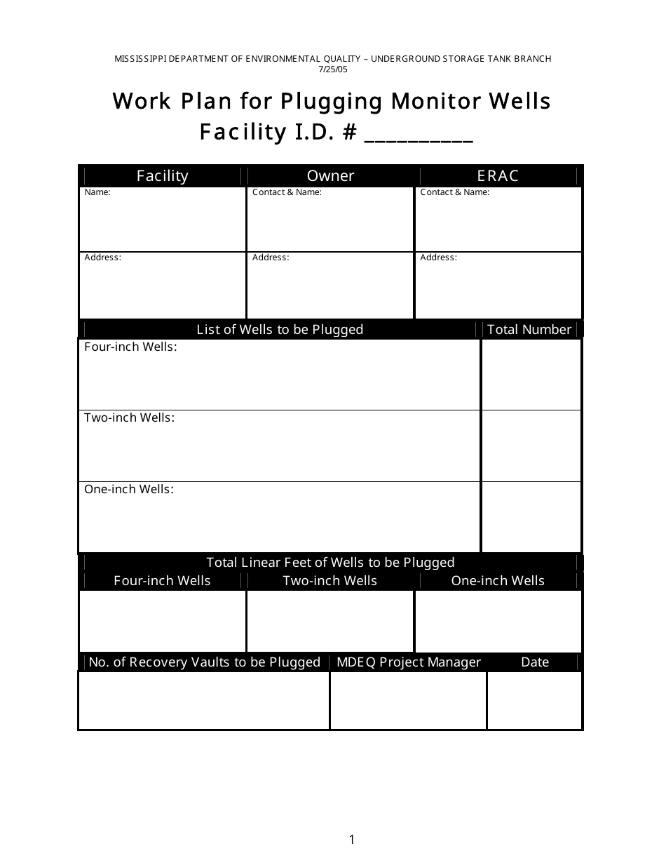 Work Plan for Plugging Monitor Wells - Mississippi, Page 1