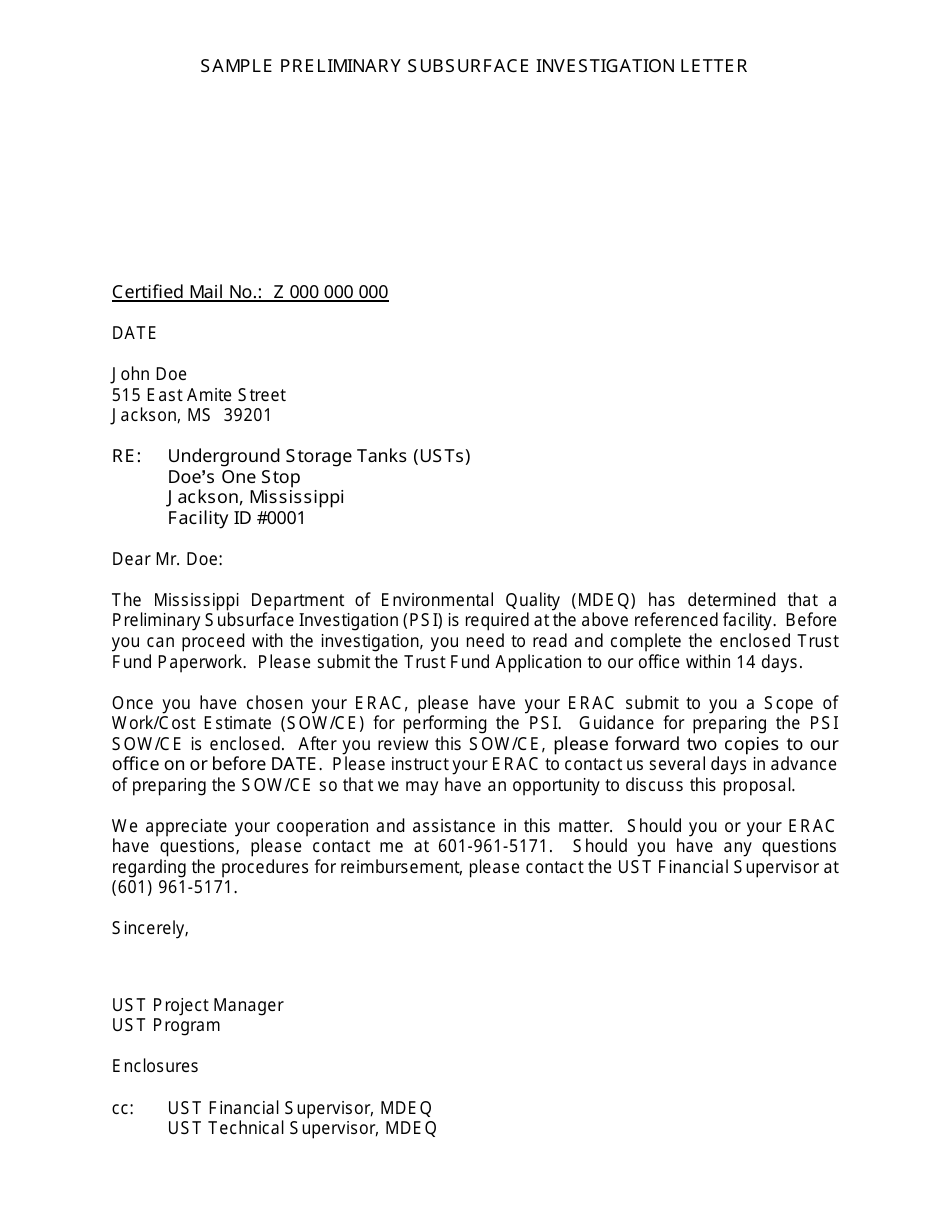 Sample Preliminary Subsurface Investigation Letter - Mississippi, Page 1