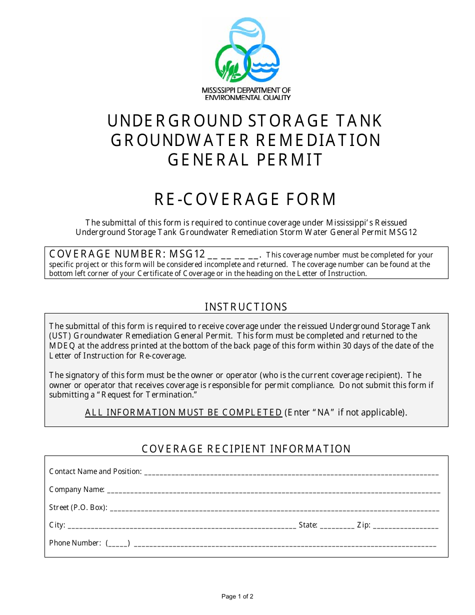 Underground Storage Tank Groundwater Remediation General Permit Re-coverage Form - Mississippi, Page 1