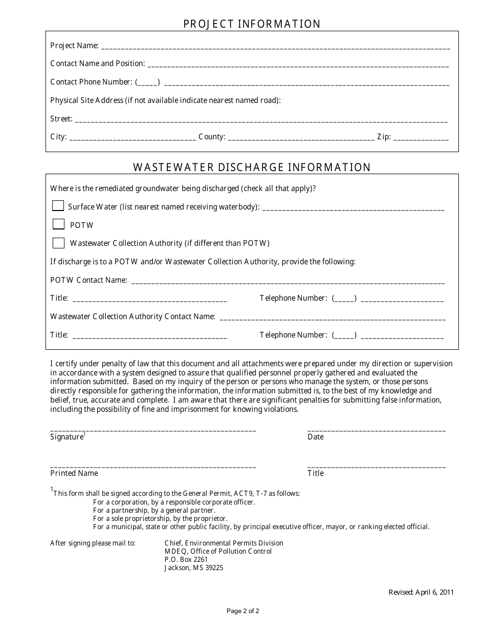 Underground Storage Tank Groundwater Remediation General Permit Re-coverage Form - Mississippi, Page 2