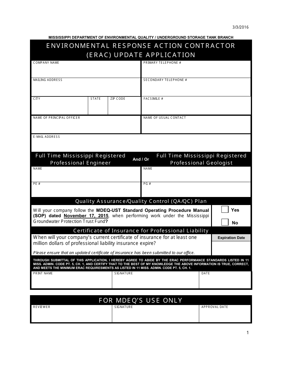 Environmental Response Action Contractor (Erac) Update Application Form - Mississippi, Page 1