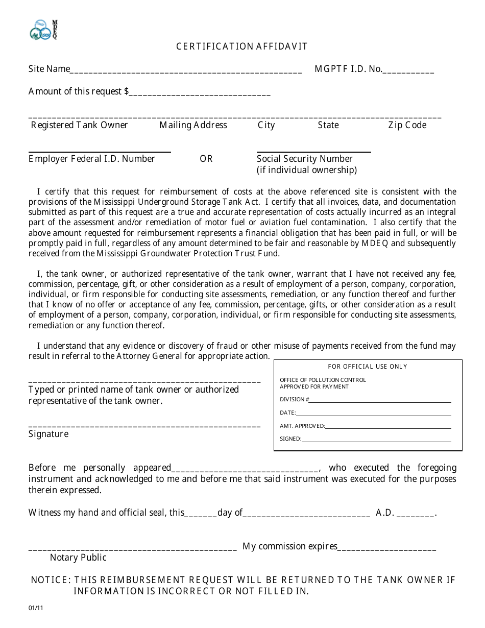 Certification Affidavit Form - Mississippi, Page 1