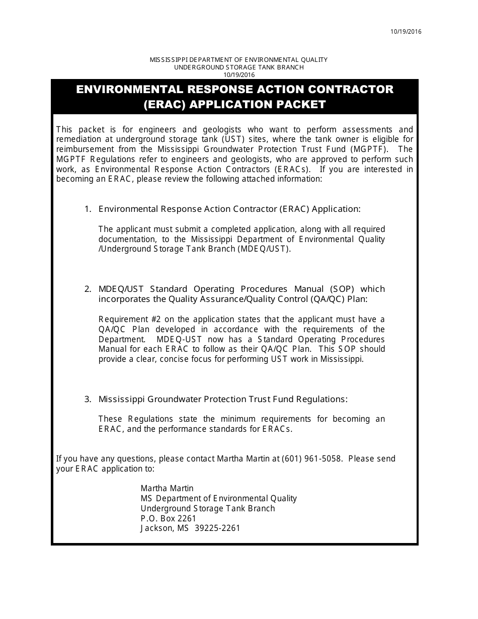 Environmental Response Action Contractor (Erac) Application Packet - Mississippi, Page 1