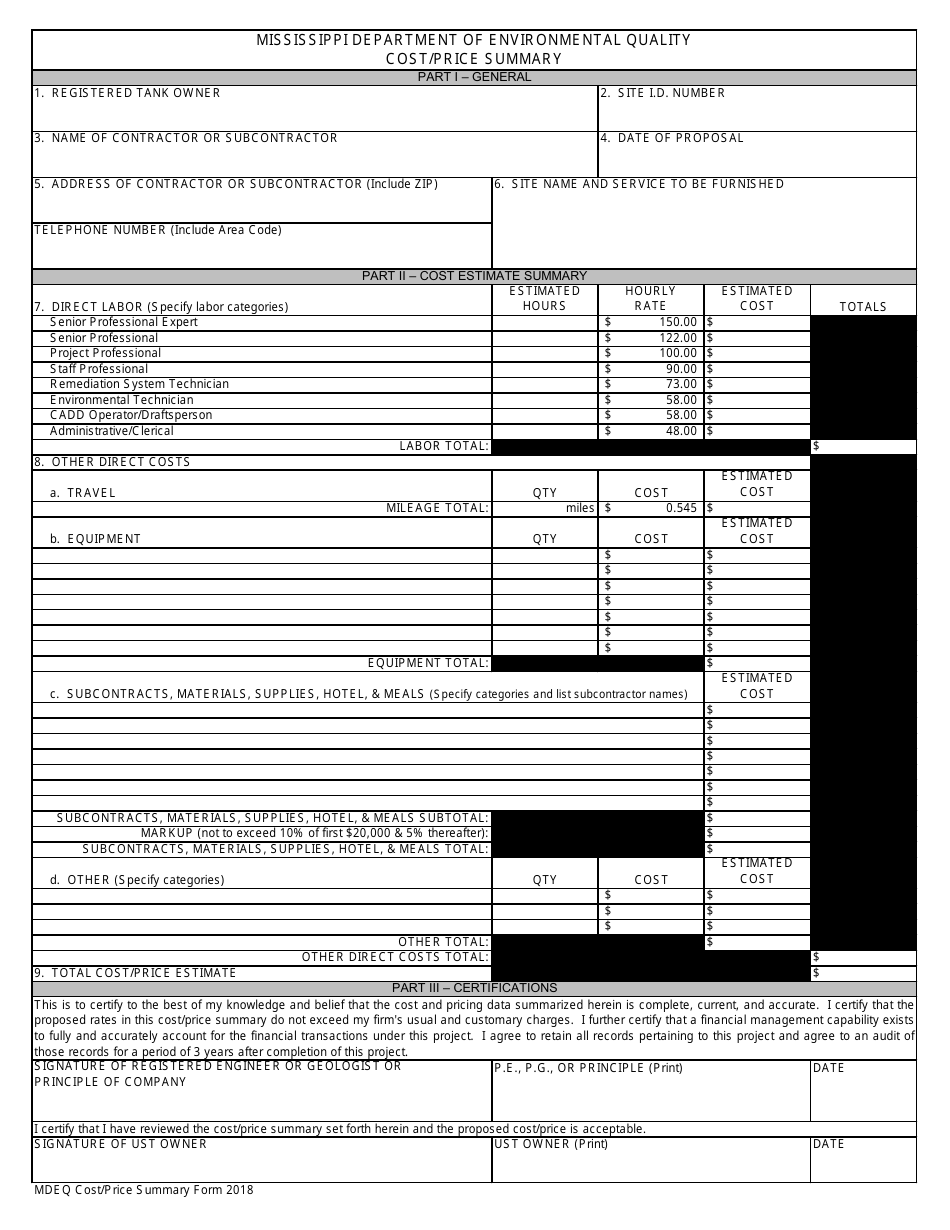 Cost / Price Summary Form - Mississippi, Page 1