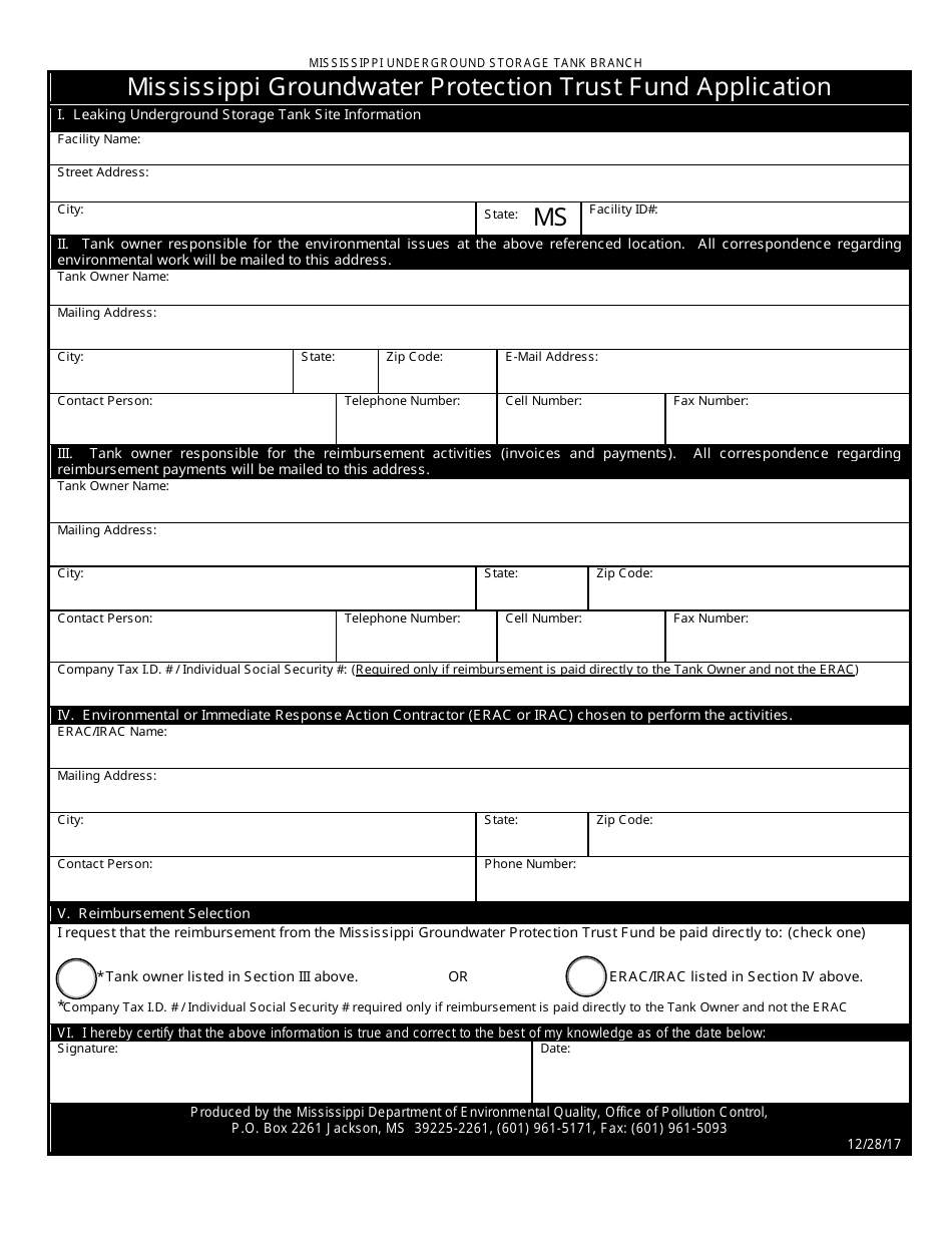 Mississippi Groundwater Protection Trust Fund Application Form - Mississippi, Page 1