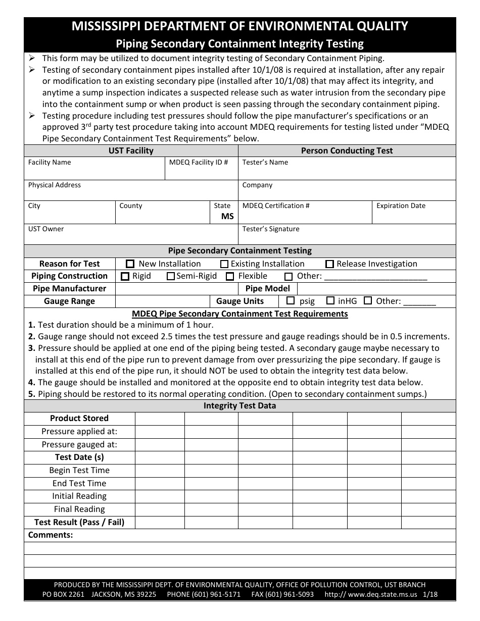 Piping Secondary Containment Integrity Testing Form - Mississippi, Page 1
