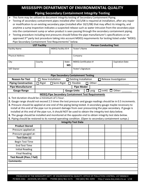 Piping Secondary Containment Integrity Testing Form - Mississippi Download Pdf