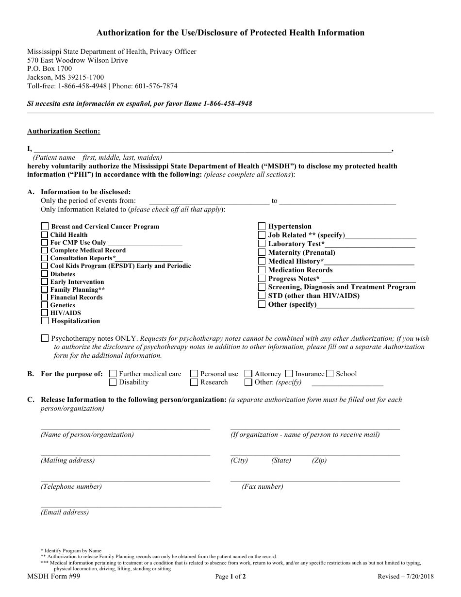 Form 99 Authorization for the Use / Disclosure of Protected Health Information - Mississippi, Page 1