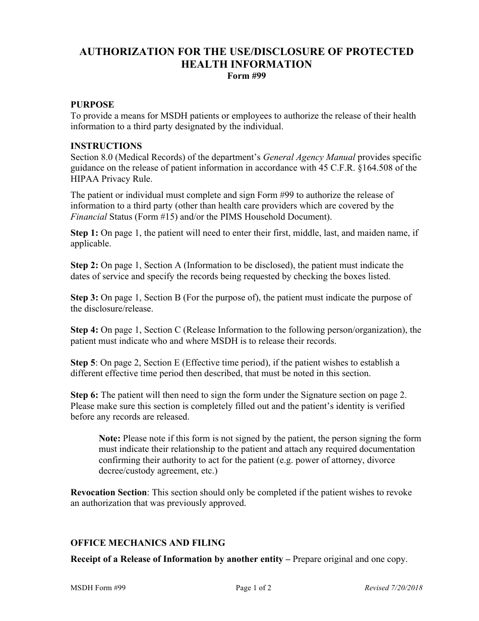 Form 99 Authorization for the Use / Disclosure of Protected Health Information - Mississippi, Page 3