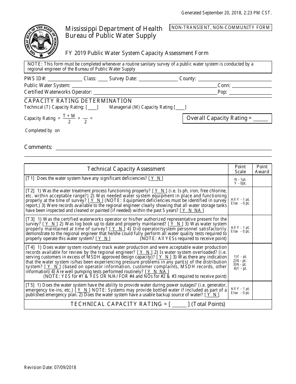 Public Water System Capacity Assessment for Non-transient Non-community Systems - Mississippi, Page 1