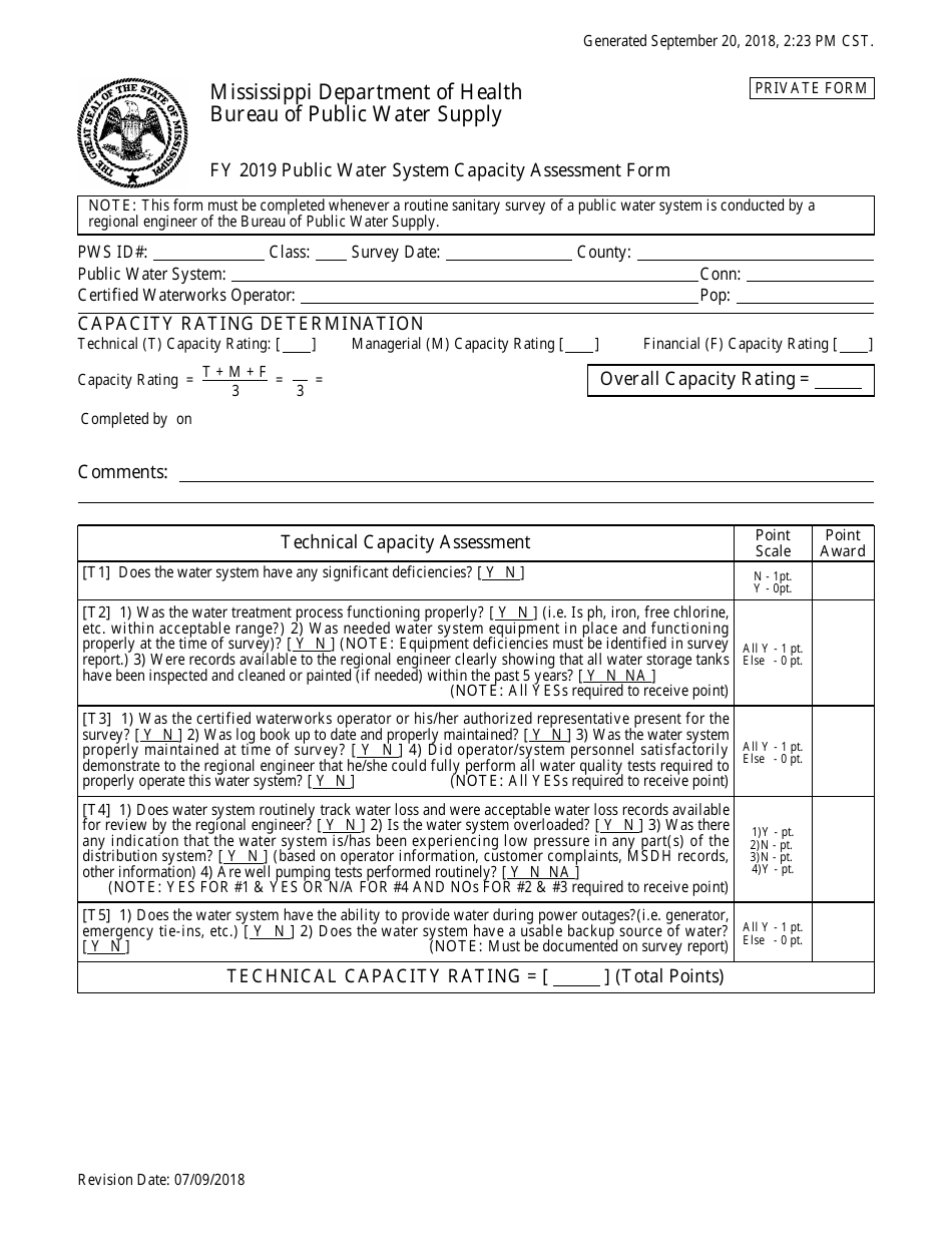Public Water System Capacity Assessment Form for Private (For Profit) Water Systems - Mississippi, Page 1