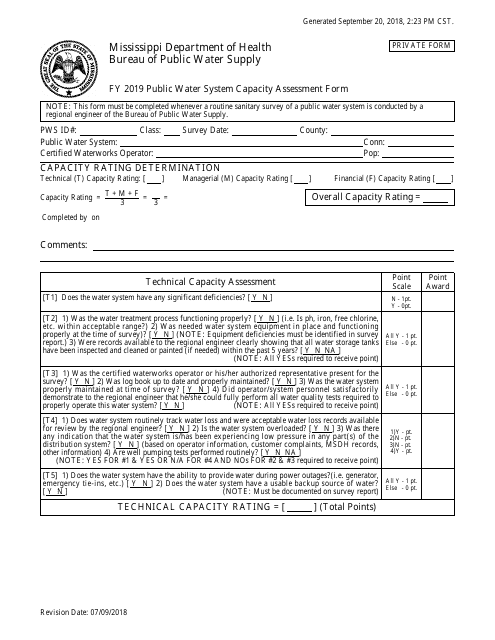 Public Water System Capacity Assessment Form for Private (For Profit) Water Systems - Mississippi, 2019