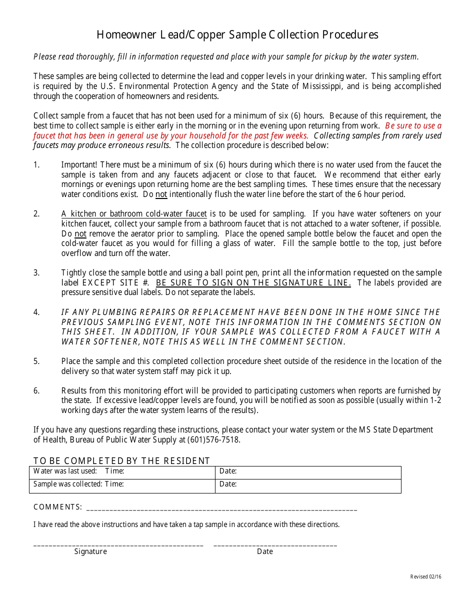 Homeowner Lead / Copper Sample Collection Procedures Form - Mississippi, Page 1