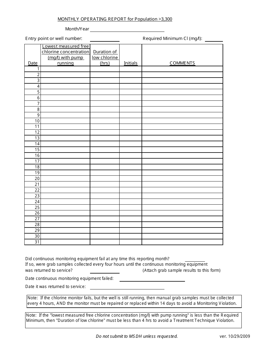 Mississippi Monthly Operating Report Form for Population Over 3,300 ...