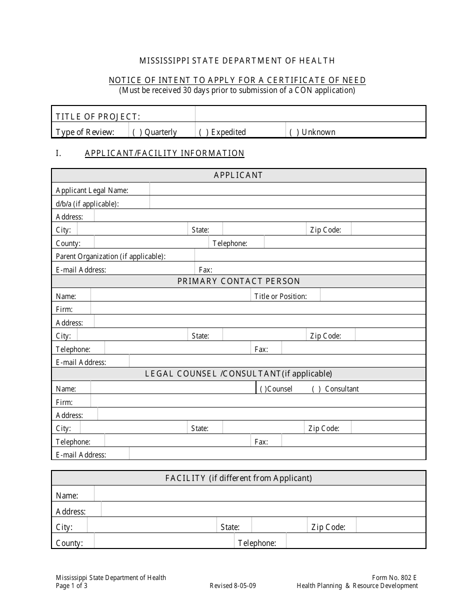 Form 802E Notice of Intent to Apply for a Certificate of Need - Mississippi, Page 1