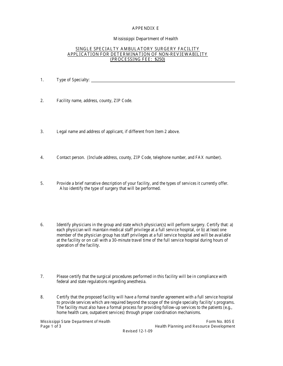 Form 805E Appendix E Single Specialty Ambulatory Surgery Facility Application for Determination of Non-reviewability - Mississippi, Page 1