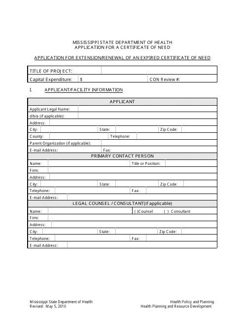 Application for Extension / Renewal of an Expired Certificate of Need - Mississippi Download Pdf
