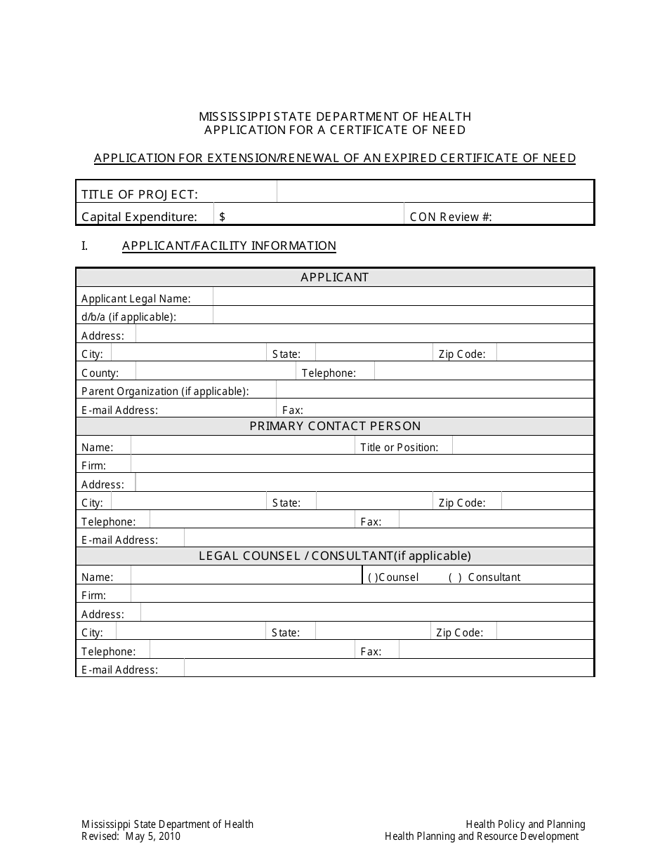 Application for Extension / Renewal of an Expired Certificate of Need - Mississippi, Page 1