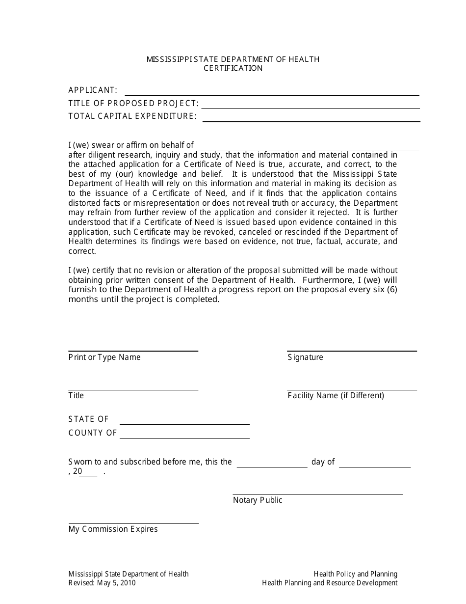 Application for Extension / Renewal of an Expired Certificate of Need - Mississippi, Page 5