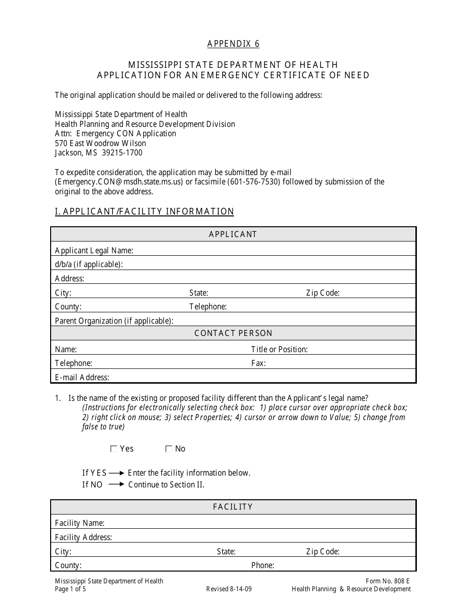 Form 808E Appendix 6 Application for an Emergency Certificate of Need - Mississippi, Page 1