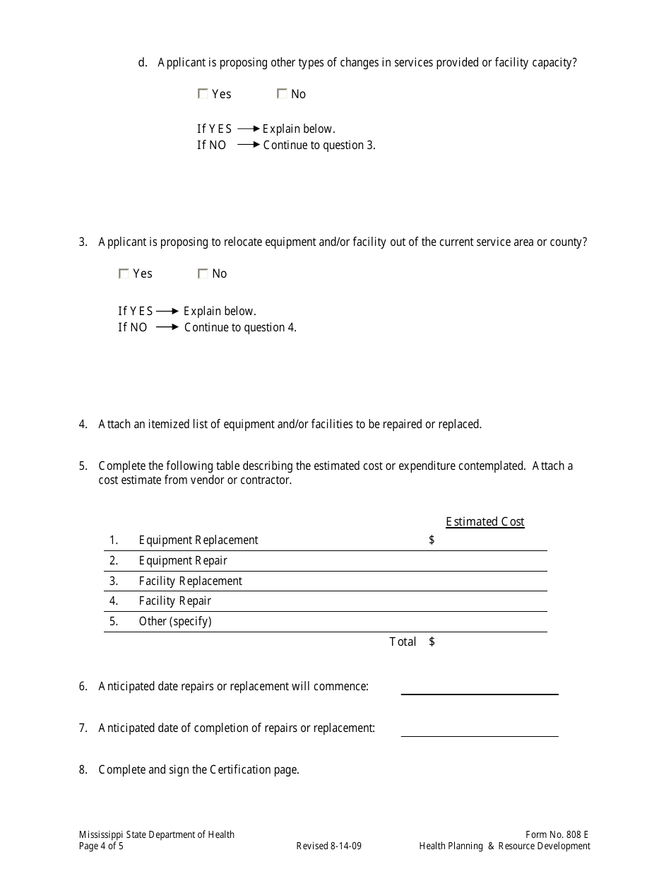 Form 808E Appendix 6 Application for an Emergency Certificate of Need - Mississippi, Page 4