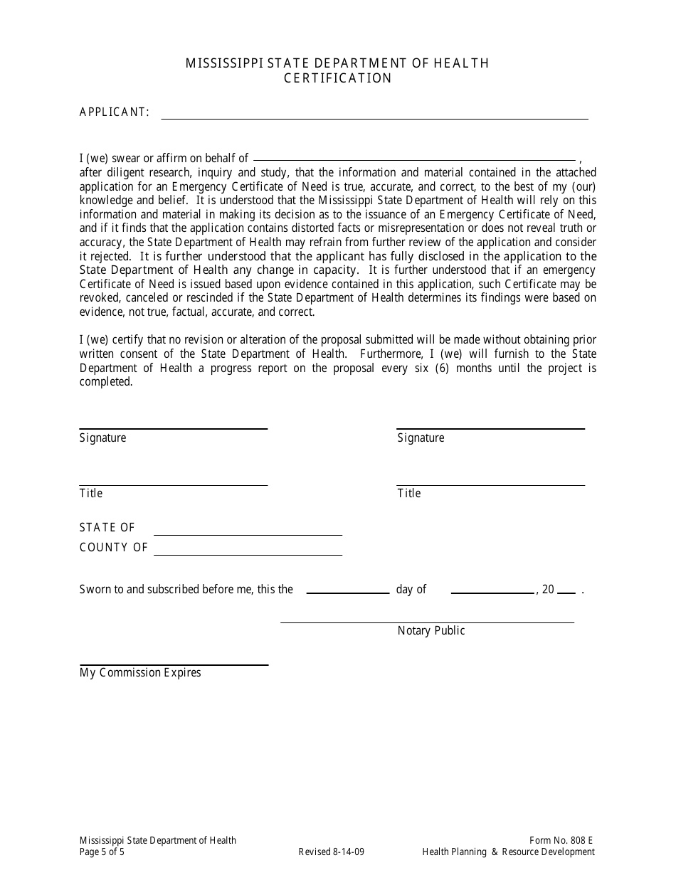Form 808E Appendix 6 Application for an Emergency Certificate of Need - Mississippi, Page 5