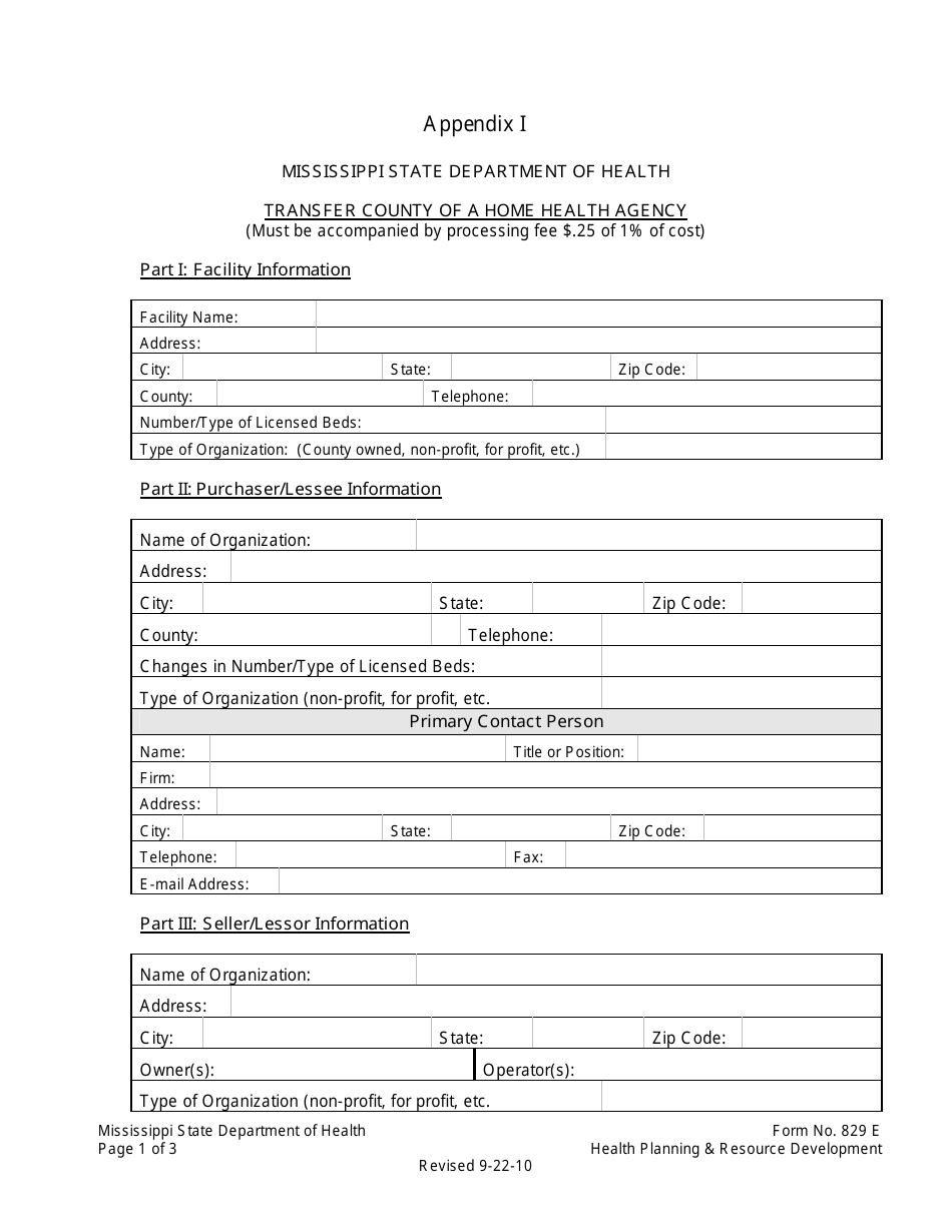 Form 829E Appendix I Transfer County of a Home Health Agency - Mississippi, Page 1
