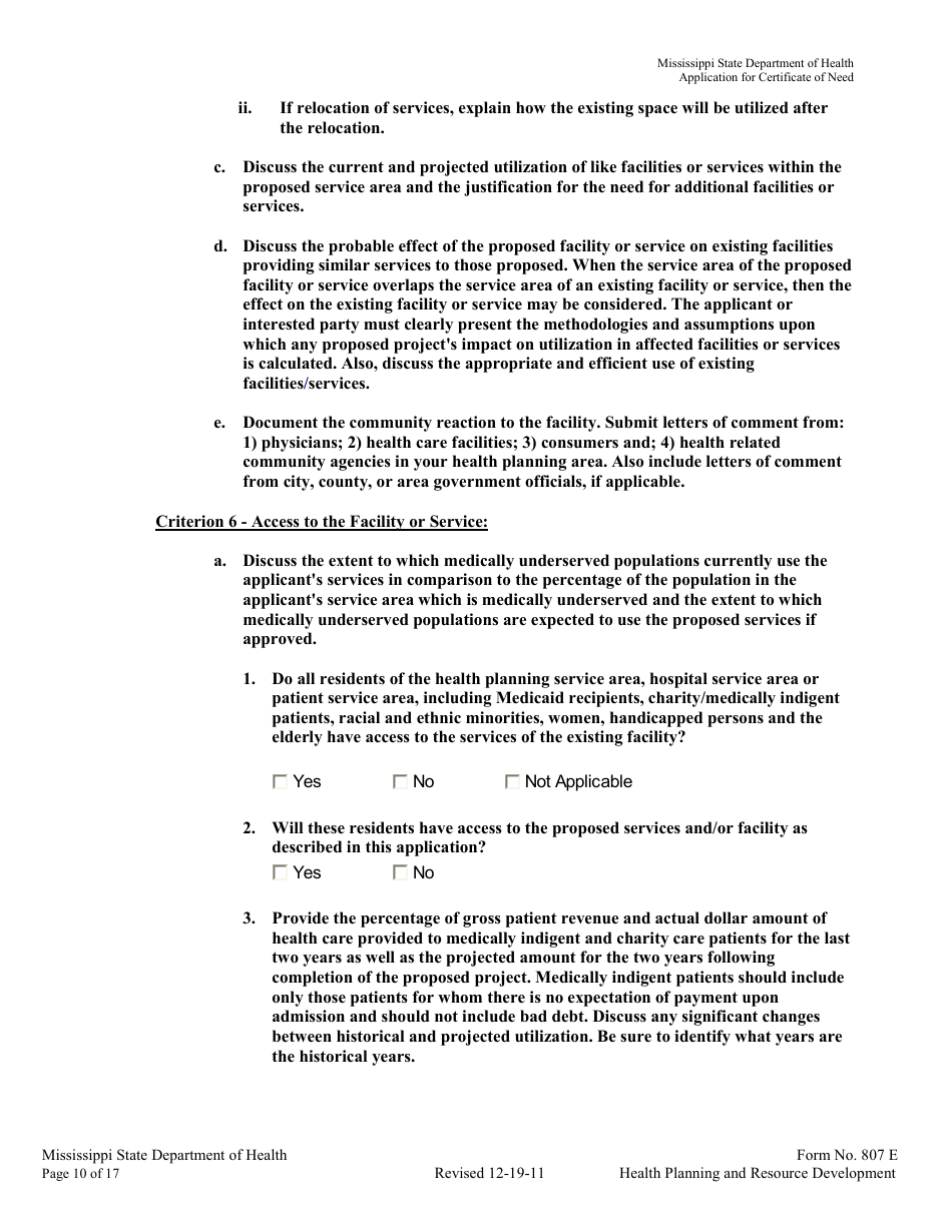 Form 807E Application for a Certificate of Need - Mississippi, Page 10