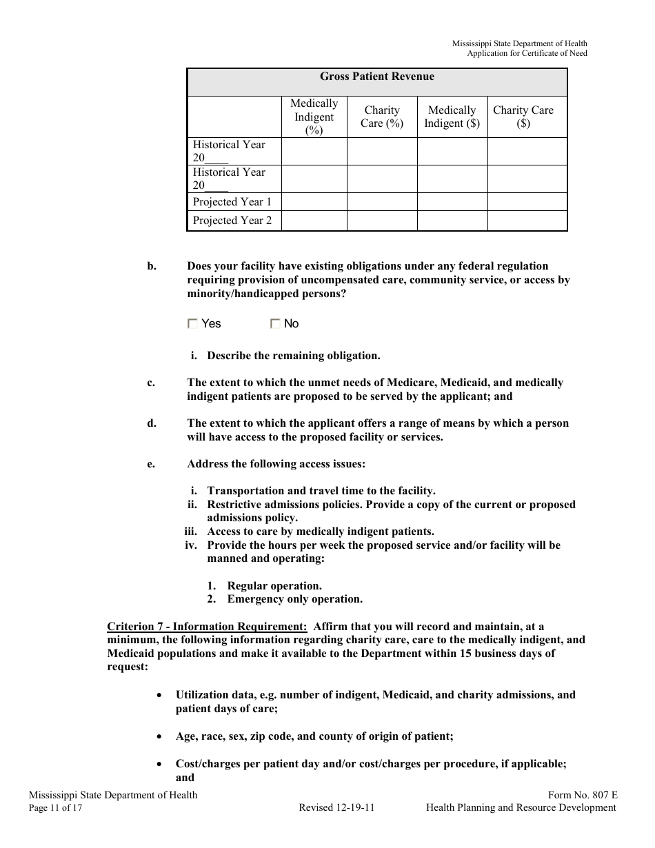 Form 807E Application for a Certificate of Need - Mississippi, Page 11