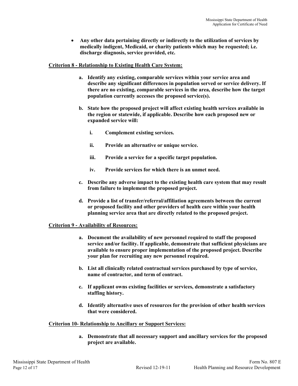 Form 807E Application for a Certificate of Need - Mississippi, Page 12