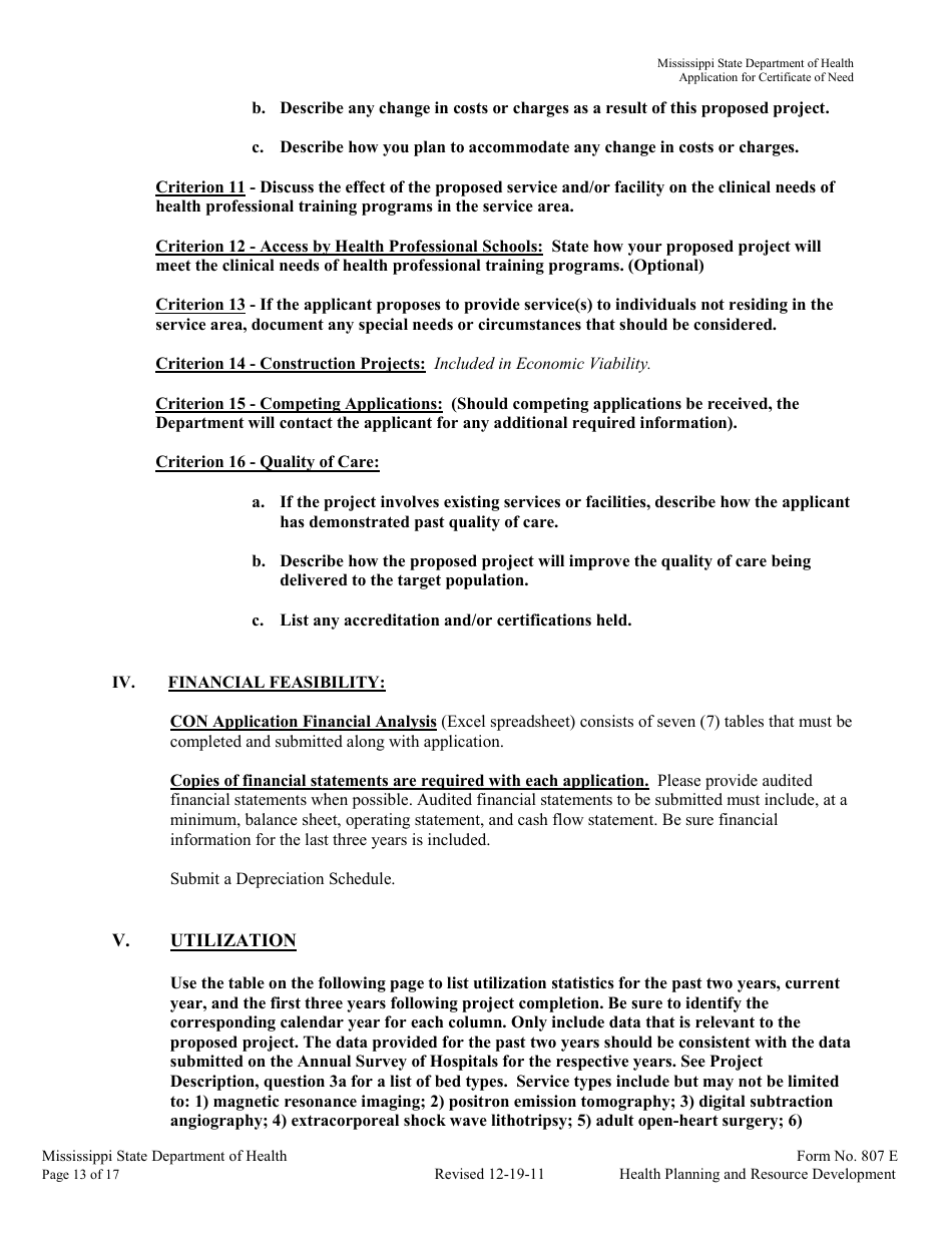 Form 807E Application for a Certificate of Need - Mississippi, Page 13