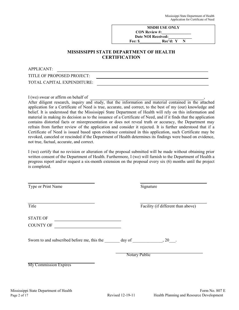 Form 807E Application for a Certificate of Need - Mississippi, Page 2