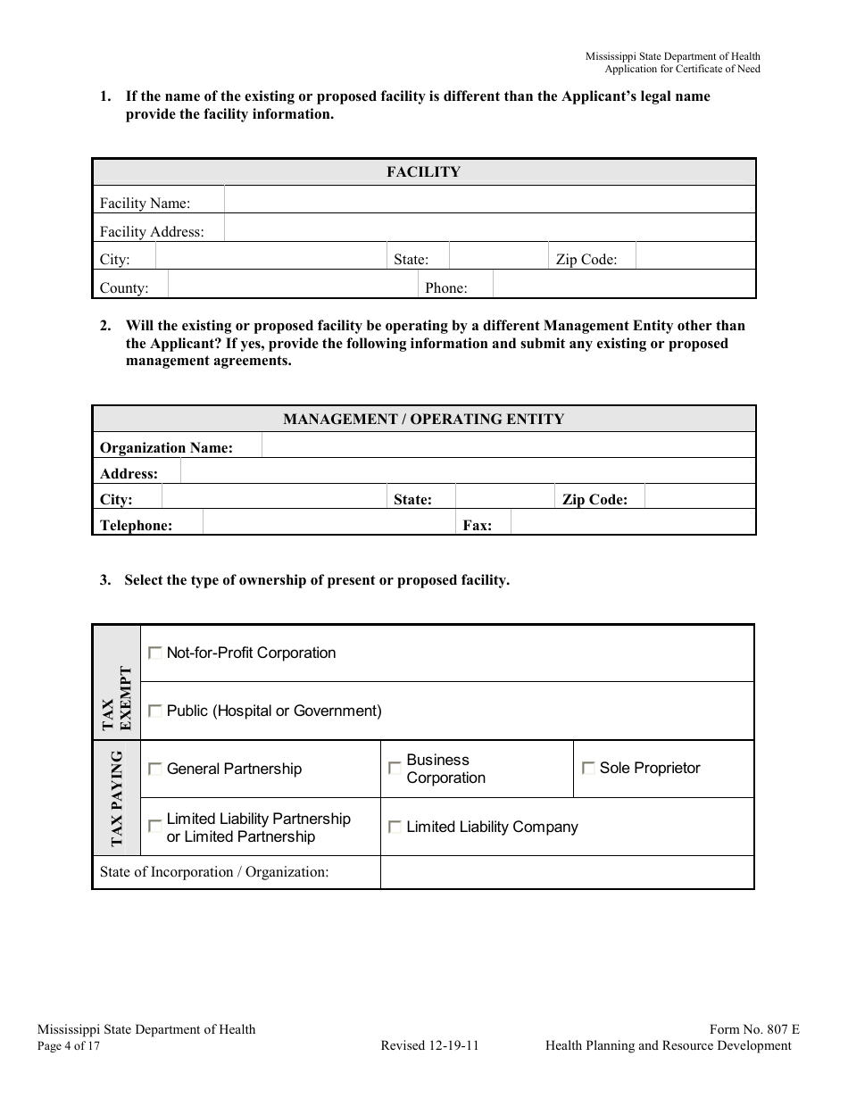 Form 807E Application for a Certificate of Need - Mississippi, Page 4