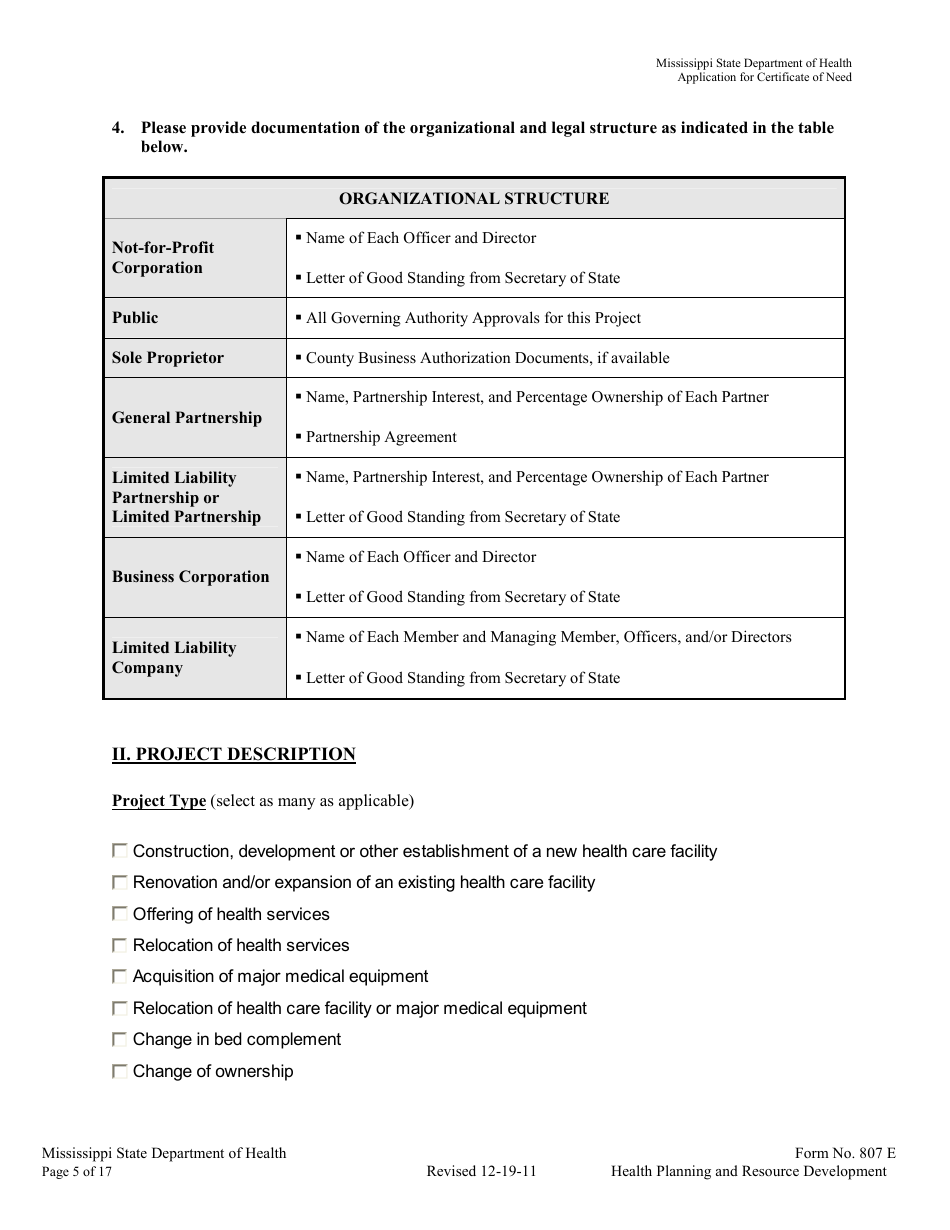 Form 807E Application for a Certificate of Need - Mississippi, Page 5