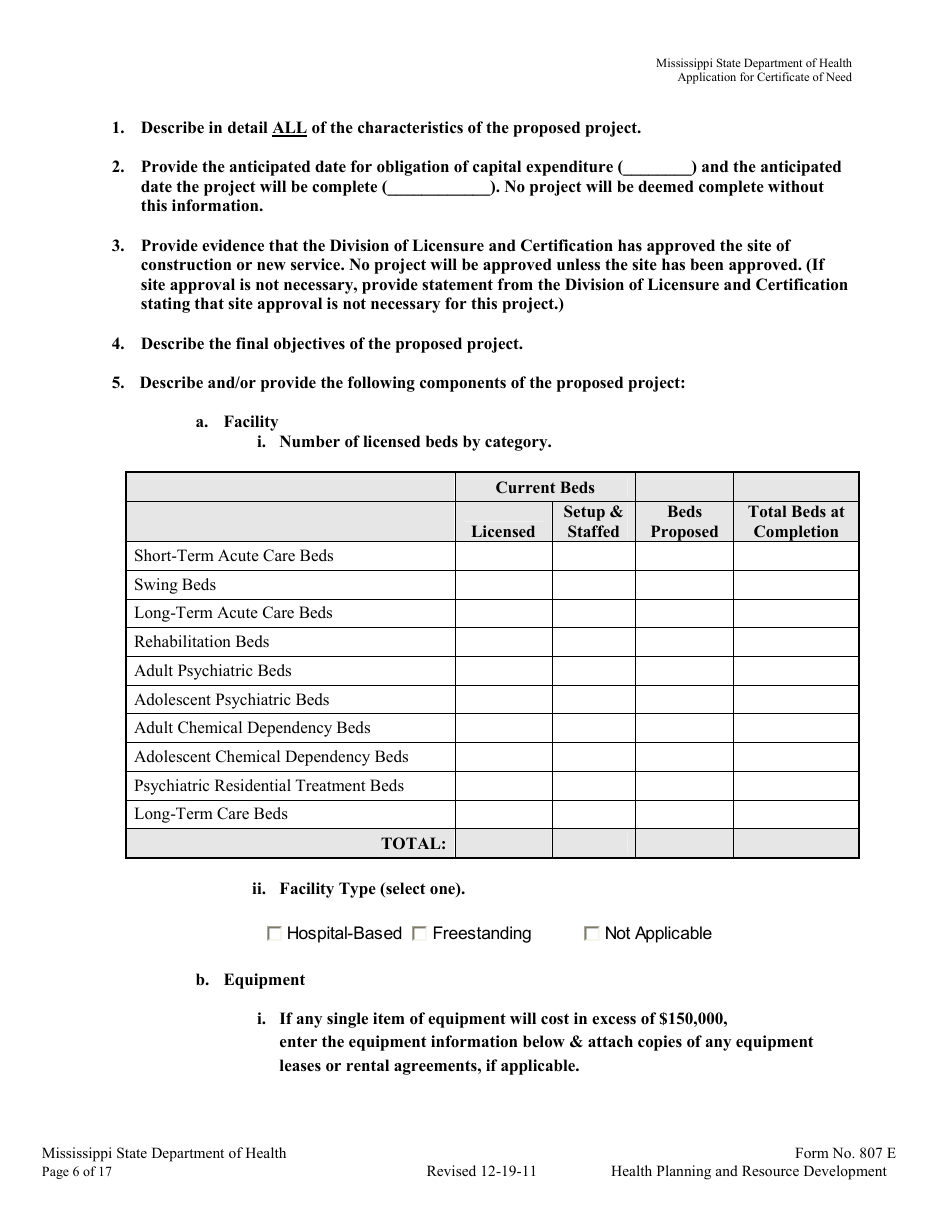 Form 807E Application for a Certificate of Need - Mississippi, Page 6