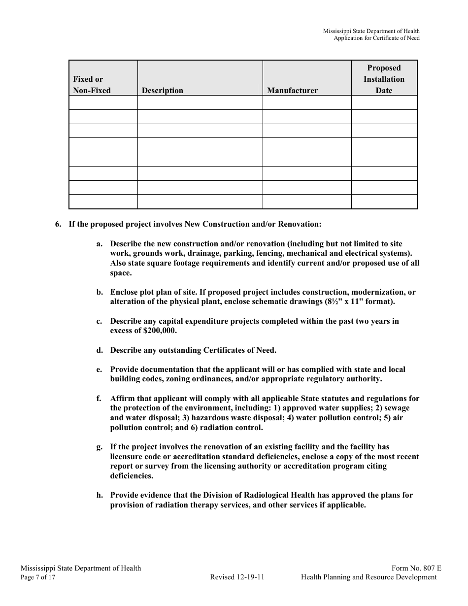 Form 807E Application for a Certificate of Need - Mississippi, Page 7