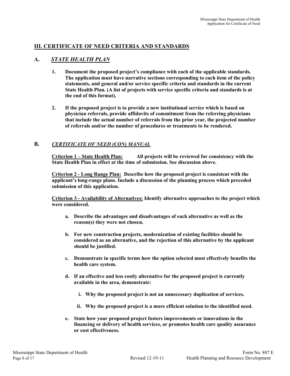 Form 807E Application for a Certificate of Need - Mississippi, Page 8