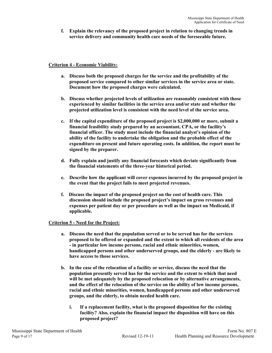 Form 807E Application for a Certificate of Need - Mississippi, Page 9